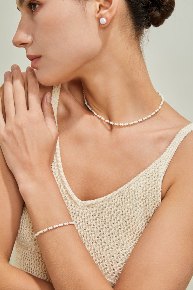 White-Shell-Beaded-Bracelet-Necklace-Vintage-Gold